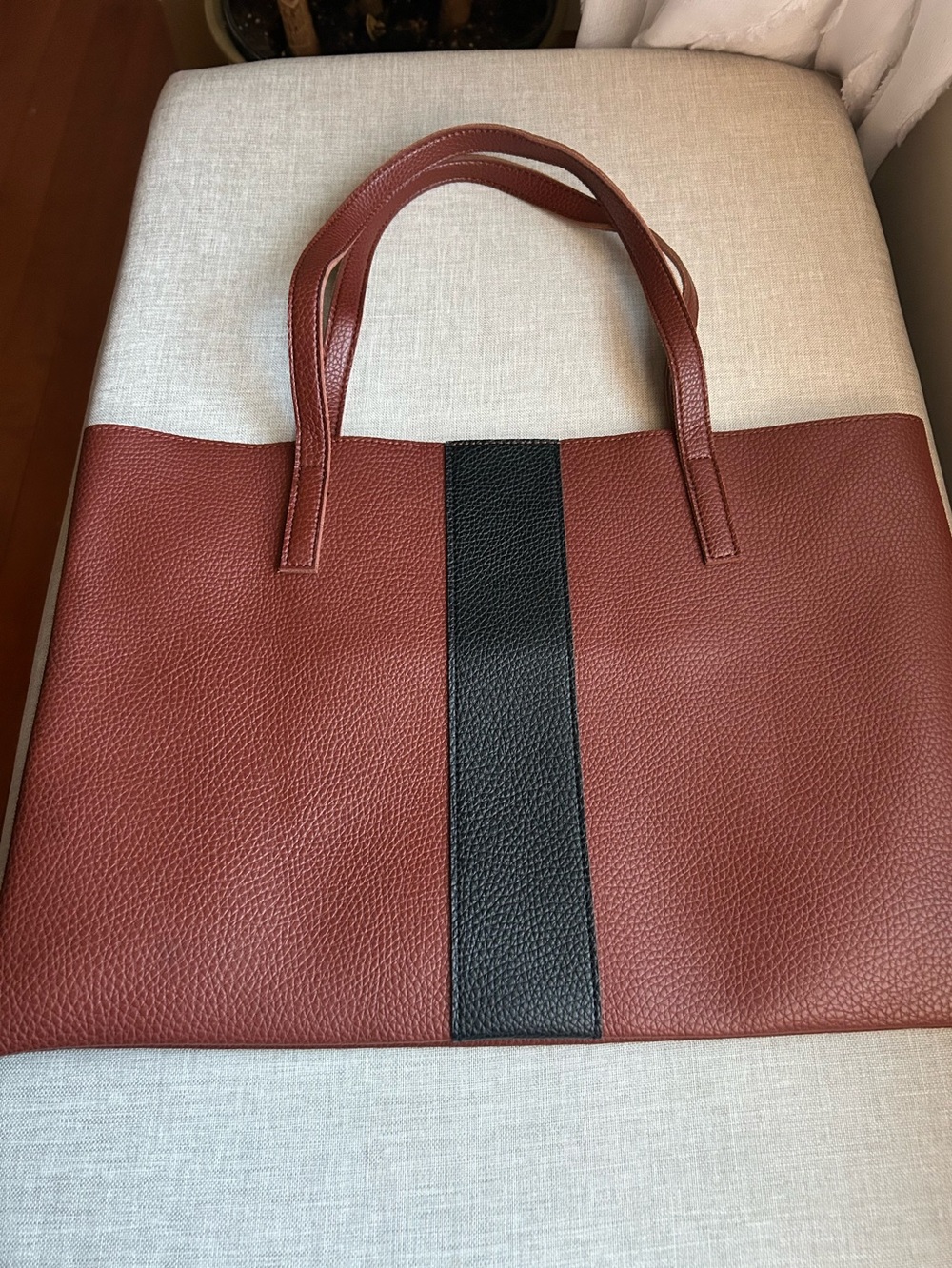 Vince Camuto, Brown Vegan Pebbled Leather Tote Bag with Black Stripe